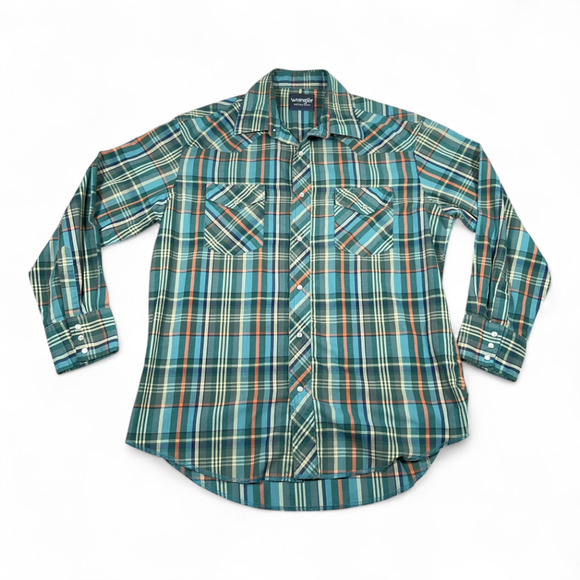 Wrangler Western Shirt Adult LARGE Green Blue Plaid Pearl Snap Outdoor Cowboy - Picture 1 of 10